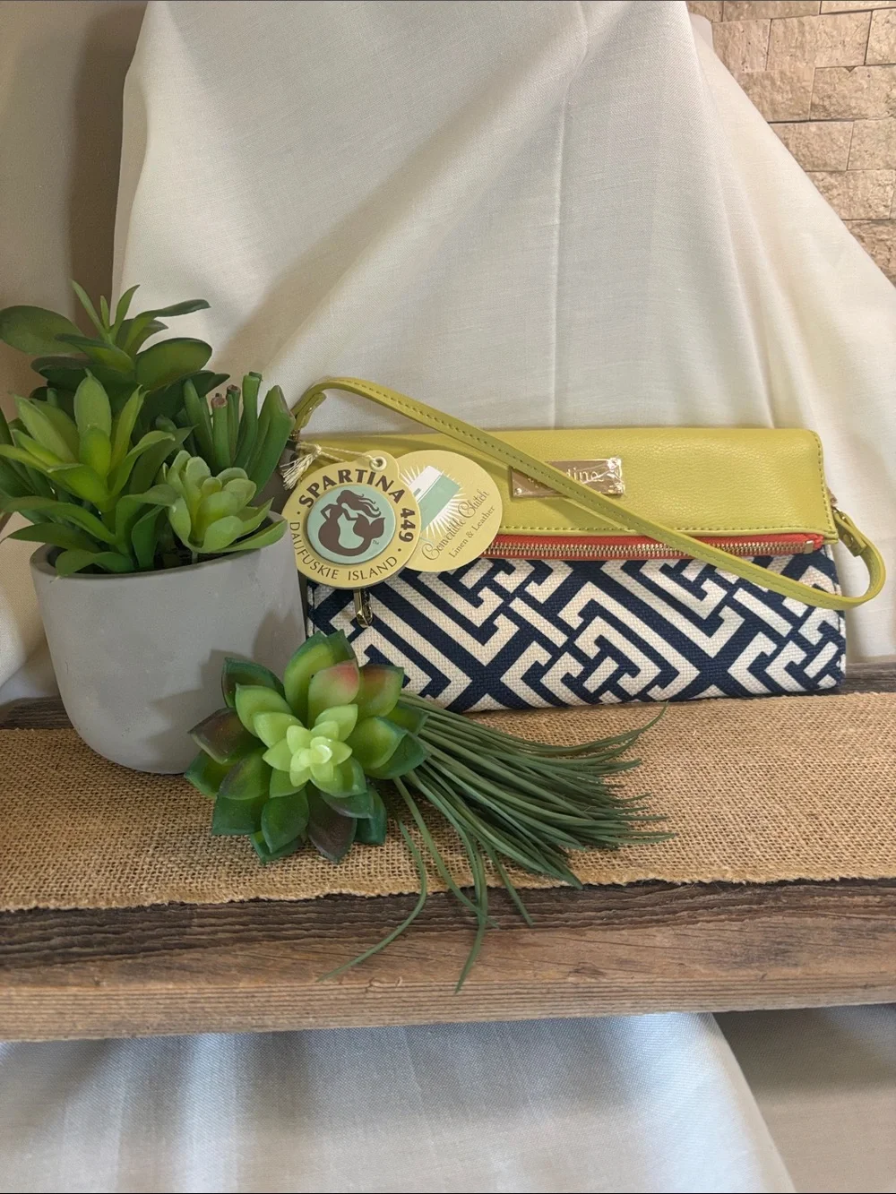 Spartina 449 Navy Geometric Canvas Wristlet with Yellow Trim and Strap